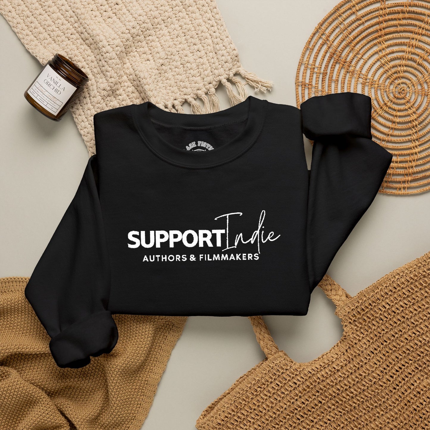 Support Indie Black Embroidered Crewneck